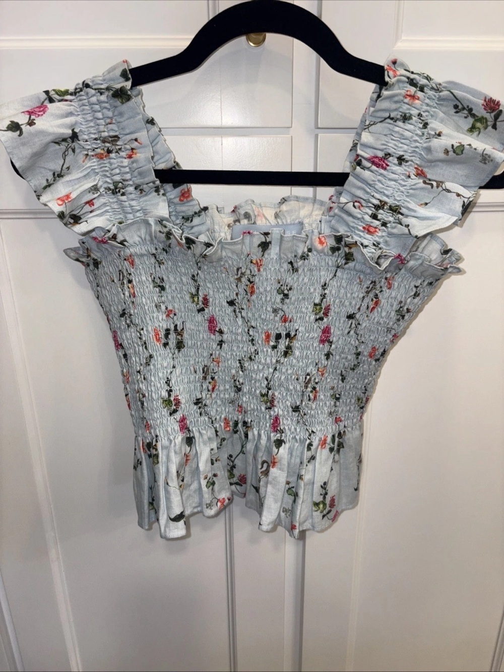 Hill House Light Blue Floral Smocked Ruffle Tank